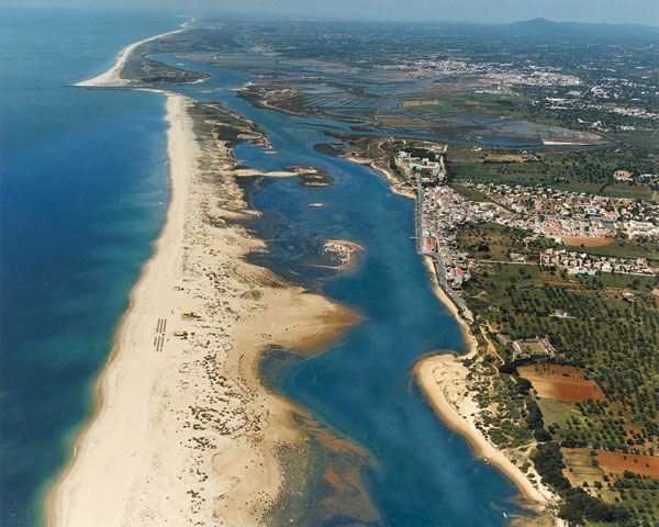 Long, sandy beach and laguna of Cabanas de Tavira, close to Costa de Cabanas