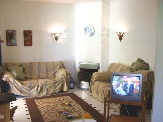 Living room with open fire place