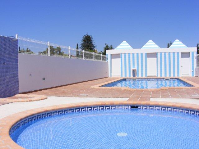 Communal swimming pool with outside shower, bathrooms and todler pool